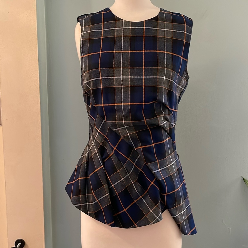 Zara Navy Plaid Sleeveless Peplum Top with Orange Windowpane